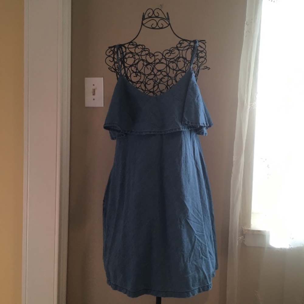Jean dress with off the shoulder ruffle & pockets